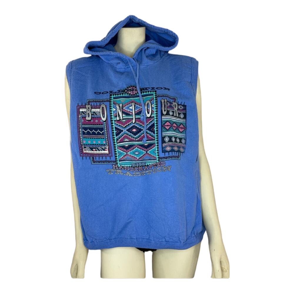 90s Bonjour Sleeveless Hoodie Southwest Graphic Blue Cotton Aztec Tribal USA M